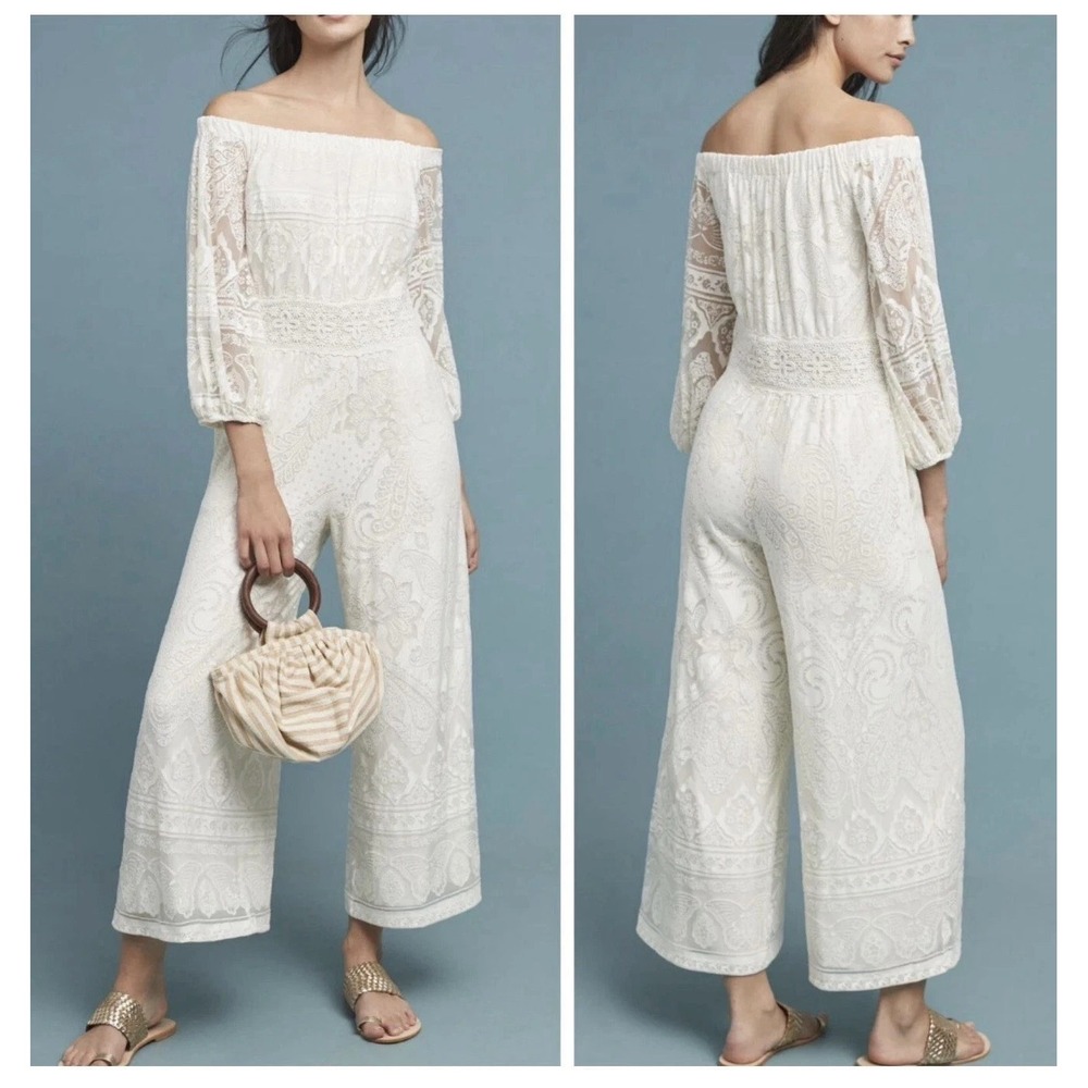 FARM Rio Elliot Off Shoulder Jumpsuit Ivory Lace XS wide leg Beach Anthropologie